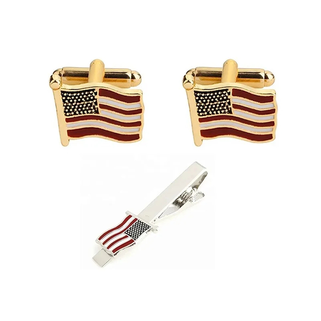 State Rectangle Flag Brass Round Tie Clip Cufflink